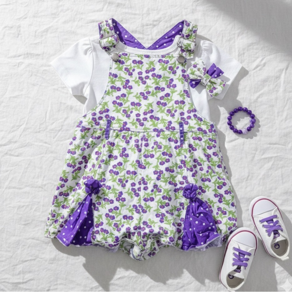 Girls Floral Denim Romper Overalls